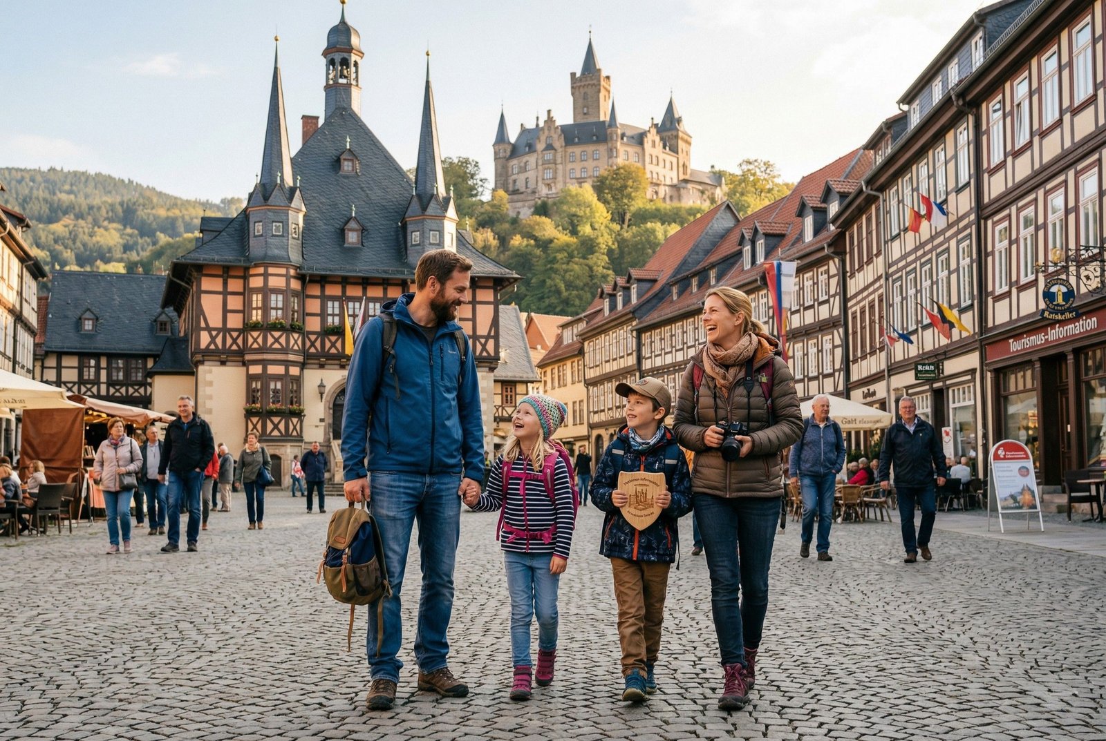 Familie in der Wernigeroder Altstadt mit Schlossblick beim Stadtbummel.