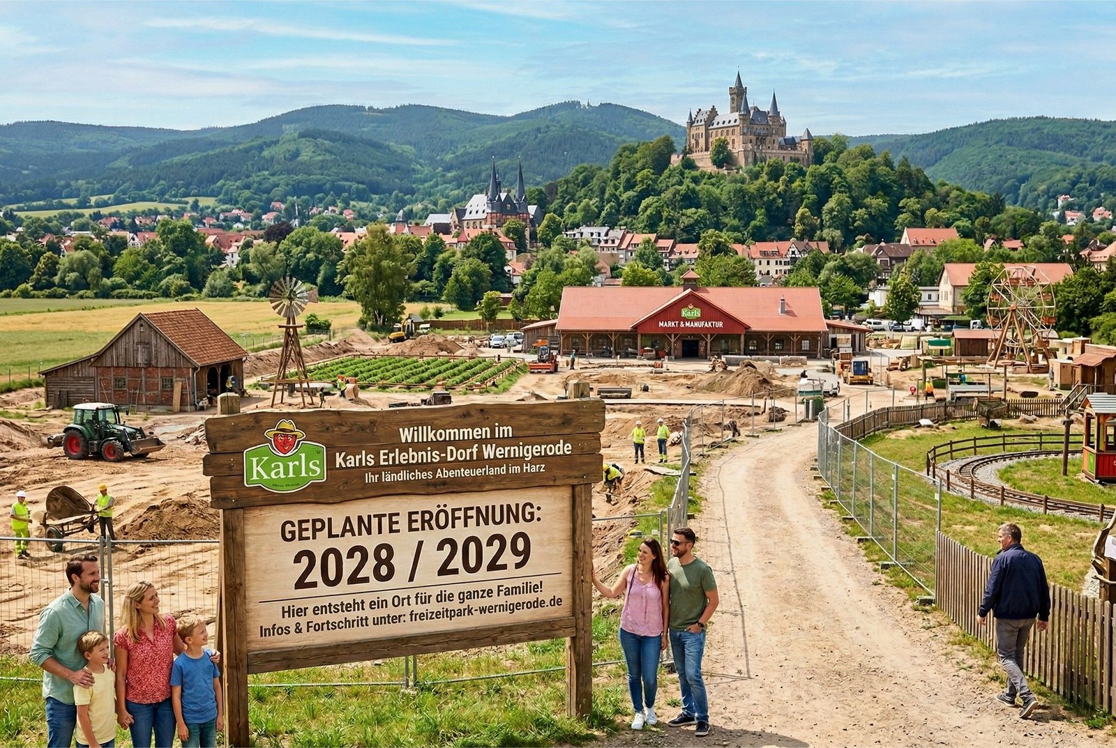 Stimmungsbild zum geplanten Karls Erlebnis-Dorf in Wernigerode mit Harzlandschaft und Schloss im Hintergrund.